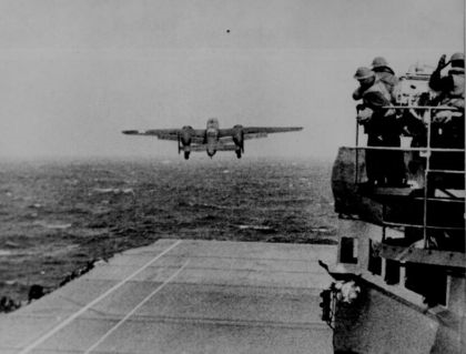 B25 departs the carrier deck on the Doolittle raid.